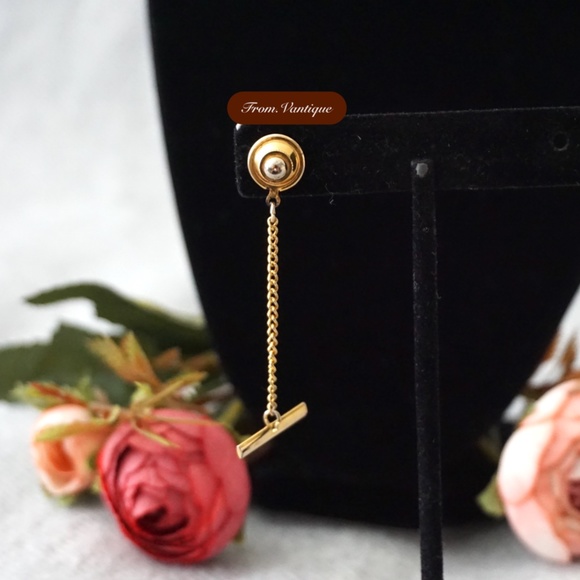 👔 VINTAGE Men Suit Square Green Gem Golden Tie Clip with Chain 🔗 - Picture 4 of 6